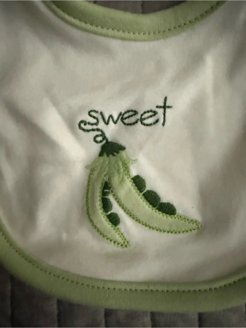 Gymboree White Baby Bib with Light Green Trim and Sweet Pea Embroidery